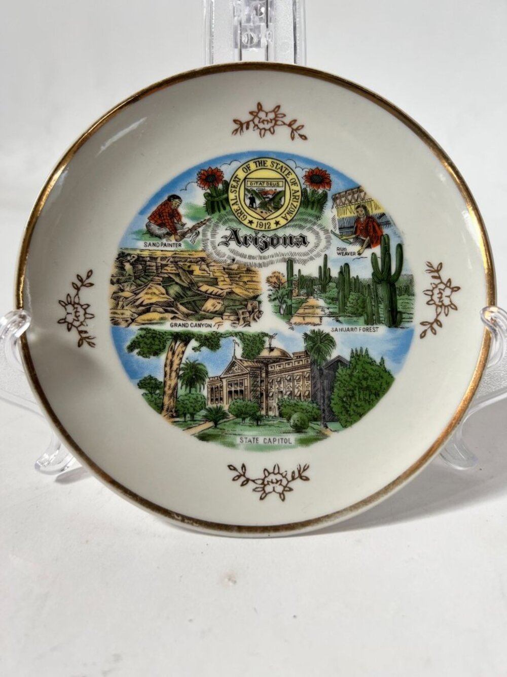 Vintage Arizona Souvenir Plate With Grand Canyon & State Capitol Illustration